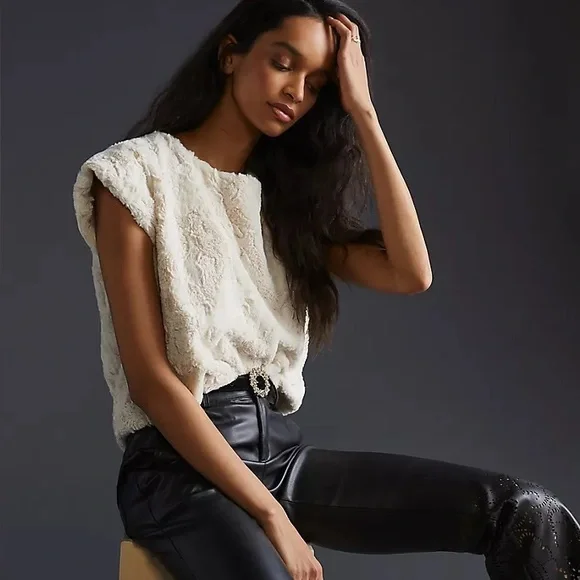 Maeve Faux Fur Top in Cream size Small Statement Luxe Anthropologie - Picture 11 of 15